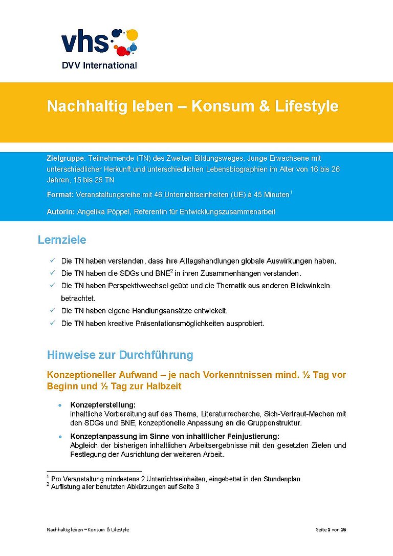 Titelseite des Modellkonzeptes "Konsum und Lifestyle"