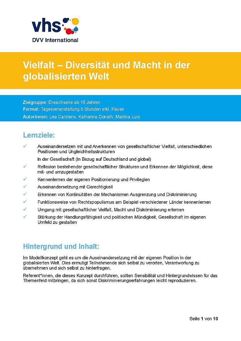 Titelseite des Modellkonzeptes "Vielfalt"