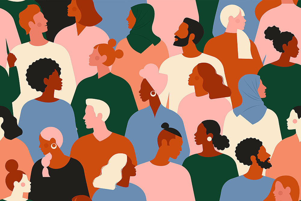 Colorful drawing of many people