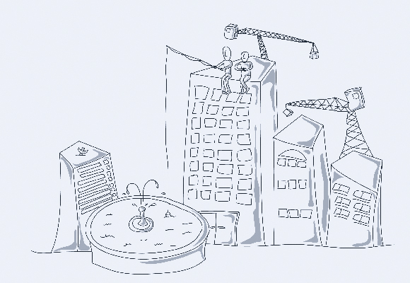 Un dessin au trait minimaliste montre un paysage urbain avec plusieurs bâtiments hauts et inclinés. Deux personnages sont assis sur le toit d'un immeuble et pêchent. Deux grues de chantier surplombent les bâtiments. Au premier plan se trouve une fontaine ronde avec des jets d'eau.