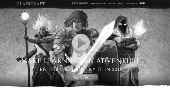 A stylised fantasy illustration with three characters in an epic pose: a magician with a glowing staff, a warrior with a large sword and a mysterious figure in a hood with glowing hands. The words ‘MAKE LEARNING AN ADVENTURE’ are written above them and a play button can be seen in the background, indicating a video