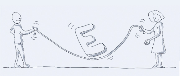 An illustration of two people standing opposite each other, each holding one end of a rope. A capital E jumps over the rope.