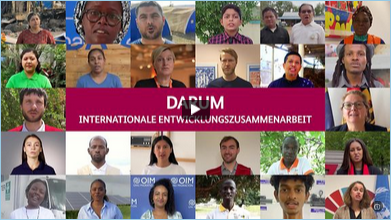 ‘DARUM - International Development Cooperation’ is written on a collage of various portrait photos of people from different cultures and backgrounds. A play button is placed in the centre of the image, as it is a still image from a video.